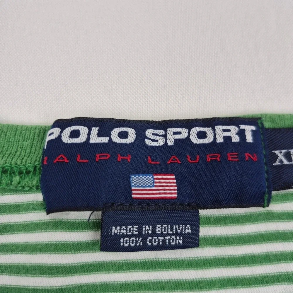 Polo Sport Ralph Lauren Men's XL Green Stripe Tee Vtg 90s‎ USA Flag Faded Logo